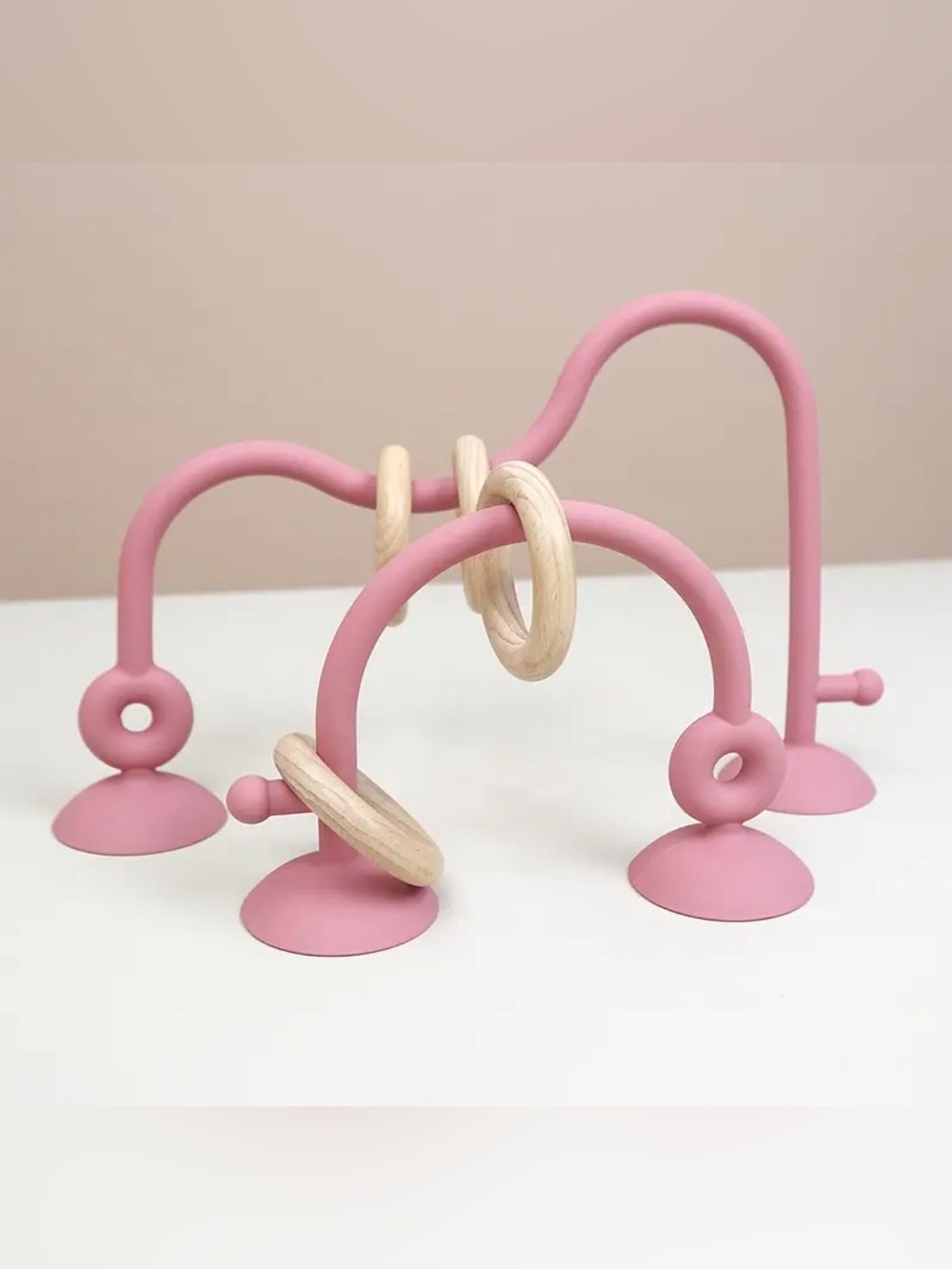 Baby Wooden Ring Bead Puzzle Toy, Silicone Track with 4 Wooden Rings and Suction